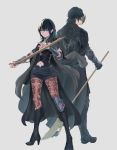  1boy 1girl absurdres arm_guards armor back-to-back bangs belt black_armor black_cape black_footwear black_gloves black_pants black_shirt black_shorts blue_eyes blue_hair boots breasts brown_legwear byleth_(fire_emblem) byleth_eisner_(female) byleth_eisner_(male) cape cleavage_cutout commentary_request detached_collar elbow_pads emblem eyebrows_behind_hair fire_emblem fire_emblem:_three_houses full_body gauntlets gloves grey_background hair_between_eyes high_heel_boots high_heels highres holding holding_polearm holding_sword holding_weapon knee_boots koco_(dcde7288) long_sleeves looking_at_viewer medium_breasts medium_hair navel navel_cutout pants pantyhose patterned_clothing profile shirt short_hair short_shorts shorts shoulder_armor sidelocks simple_background single_knee_pad smile standing sword sword_of_the_creator weapon 