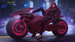  1girl absurdres bangs bodysuit chaos_(pixiv3726393) cyberpunk fate/grand_order fate_(series) full_body ground_vehicle gun highres holding holding_weapon long_hair looking_at_viewer motor_vehicle motorcycle on_motorcycle purple_bodysuit purple_hair red_eyes redhead sandals scathach_(fate)_(all) scathach_(fate/grand_order) solo toes weapon 