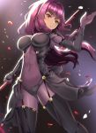  1girl bangs blush bodysuit breasts clyde_s covered_navel eyebrows_visible_through_hair fate/grand_order fate_(series) gae_bolg hair_between_eyes hair_intakes hand_up holding holding_spear holding_weapon large_breasts long_hair looking_at_viewer parted_lips pauldrons petals polearm purple_bodysuit purple_hair red_eyes scathach_(fate)_(all) scathach_(fate/grand_order) solo spear standing very_long_hair weapon 