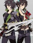  2boys ahoge bare_shoulders belt black_hair ebira gloves gun holding holding_gun holding_sword holding_weapon jacket kaidou_ken looking_at_viewer magami_ryou male_focus mazinkaiser_skl midriff multiple_boys navel open_clothes pauldrons red_eyes serious short_hair sleeveless spiky_hair standing sword thick_eyebrows torn_clothes weapon 