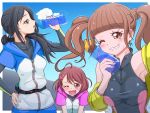  3girls black_hair blush bottle brown_hair commentary_request hair_ornament hairclip hanadera_nodoka healin&#039;_good_precure highres hiramitsu_hinata jacket multiple_girls open_mouth precure sawaizumi_chiyu sleeveless twintails user_gvjc3474 water_bottle 