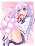  1girl ass blush breasts choker d-pad d-pad_hair_ornament dress feet_out_of_frame gift hair_between_eyes hair_ornament hands_up heart heart_background highres holding holding_gift kazuneko_(wktk1024) knees_together_feet_apart knees_up lavender_hair long_hair looking_at_viewer medium_breasts neckerchief nepgear neptune_(series) open_mouth panties pink_background purple_hair sailor_dress solo striped striped_legwear striped_panties thigh_strap thighs underwear upskirt valentine very_long_hair violet_eyes white_choker white_dress yellow_neckwear 