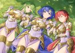  3girls arm_guards armor artist_name bangs belt blue_eyes blue_hair boots breastplate catria_(fire_emblem) closed_eyes closed_mouth dress elbow_gloves est_(fire_emblem) fire_emblem fire_emblem:_mystery_of_the_emblem fire_emblem_echoes:_shadows_of_valentia gloves grass green_eyes green_hair hand_up head_tilt headband ippers long_hair looking_at_viewer lying multiple_girls palla_(fire_emblem) pegasus_knight pink_hair shiny shiny_hair short_hair shoulder_pads siblings sisters sleeping sleeveless sleeveless_dress smile sword thigh-highs thigh_boots transparent_background weapon white_dress white_footwear white_headband zettai_ryouiki 