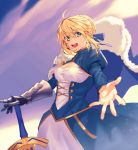  1girl ahoge armor artoria_pendragon_(all) blonde_hair blue_dress blue_sky braid clouds dress excalibur fate/grand_order fate_(series) french_braid gauntlets green_eyes hair_between_eyes highres hiro_(hirohiro_gorira) juliet_sleeves long_sleeves looking_at_viewer outstretched_hand planted_sword planted_weapon puffy_sleeves round_teeth saber short_hair sky solo sword teeth weapon 