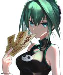  1girl akira_hou bare_shoulders breasts dress eyebrows_visible_through_hair green_eyes green_hair hair_between_eyes looking_at_viewer panda shaman_king short_hair simple_background solo tao_jun white_background 