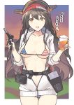  1girl alcohol alternate_costume american_flag_bikini beer belt bikini black_hair blurry brown_eyes cowboy_shot cup depth_of_field disposable_cup flag_print haruna_(kantai_collection) headgear jacket kantai_collection long_hair looking_at_viewer micro_bikini nakadori_(movgnsk) open_clothes open_jacket open_mouth red_headwear smile solo standing sunset swimsuit thigh_gap translated utility_belt visor_cap white_jacket 