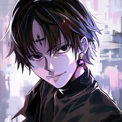  1boy black_hair chrollo_lucilfer closed_mouth earrings eyebrows_visible_through_hair facial_mark forehead_mark hunter_x_hunter jewelry male_focus pokimari single_earring smile solo tattoo violet_eyes 