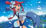 1girl ass blue_eyes breasts feathers fuuro_(pokemon) gloves hair_ornament medium_breasts official_art open_mouth outstretched_arms pokemon pokemon_(game) pokemon_bw pokemon_trading_card_game redhead shorts sky strap strap_gap 