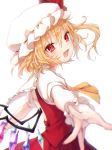  1girl :d ascot bangs blonde_hair blush crystal eyebrows_visible_through_hair fang flandre_scarlet frilled_shirt_collar frills hair_between_eyes hat hat_ribbon head_tilt highres honotai looking_at_viewer mob_cap one_side_up open_mouth pointy_ears puffy_short_sleeves puffy_sleeves reaching_out red_eyes red_ribbon red_skirt red_vest ribbon shirt short_hair short_sleeves simple_background skirt skirt_set smile solo touhou upper_body vest white_background white_headwear white_shirt wings wrist_cuffs yellow_neckwear 