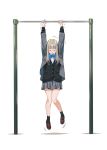  1girl :i blazer blue_eyes blue_neckwear bow bowtie cardigan doushimasho full_body hanging highres jacket loafers long_hair looking_at_viewer original pleated_skirt pullups school_uniform shoes skirt solo trembling 