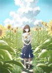  1girl anyotete bangs blue_skirt blue_sky brown_eyes brown_hair closed_mouth clouds field flower flower_field highres holding holding_flower medium_hair original sandals scenery shirt skirt sky smile solo standing summer sunflower white_shirt 