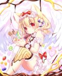  1girl angel_wings animal_ear_fluff animal_ears bangs bare_shoulders blonde_hair blurry blurry_foreground blush bow breasts cat_ears closed_mouth commentary_request depth_of_field dress eyebrows_visible_through_hair feathered_wings food food_themed_clothes fruit hair_between_eyes heart holding kiwi_slice long_hair looking_at_viewer moe2020 original parfait pocky red_bow red_eyes shikito single_thighhigh sleeveless sleeveless_dress small_breasts solo strawberry thigh-highs white_dress white_legwear white_wings wings wrist_cuffs 