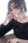  1girl blue_eyes breasts gills grey_hair highres long_hair mole mole_under_eye mr._skull original parted_lips sharp_teeth solo teeth 