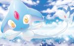  :o azelf blue_sky clouds cloudy_sky creature floating full_body gen_4_pokemon legendary_pokemon mizue official_art pokemon pokemon_(creature) pokemon_trading_card_game sky solo star_(sky) starry_sky 