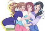  3girls bare_shoulders belt black_hair bra_strap brown_eyes brown_hair commentary_request hanadera_nodoka healin&#039;_good_precure highres hiramitsu_hinata jacket mmasaki multiple_girls precure sawaizumi_chiyu skirt 