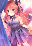  1girl :o bangs beniko_(ymdbnk) black_bow black_choker blue_dress blue_eyes blurry blurry_background bow breasts brown_hair choker collared_dress commentary_request depth_of_field dress eyebrows_visible_through_hair hair_bow hair_intakes highres long_hair looking_at_viewer medium_breasts moe2020 one_side_up original parted_lips see-through see-through_sleeves short_sleeves solo standing striped striped_bow vertical-striped_dress vertical_stripes very_long_hair 