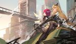  2girls absurdres arknights black_legwear blonde_hair bow_(weapon) bridge bull_horns city cityscape closed_eyes crossbow energy_wings exusiai_(arknights) god_hunter halo highres meteorite_(arknights) multiple_girls redhead ruins sitting weapon 