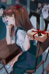  1girl absurdres bow box brown_hair chair chromatic_aberration closed_mouth from_behind hair_bow highres kneehighs neon_genesis_evangelion open_mouth piasu029 red_bow school school_chair school_uniform shirt sitting skirt socks solo_focus souryuu_asuka_langley table tsundere two_side_up valentine 