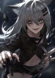  1girl :d animal_ear_fluff animal_ears arknights bangs black_jacket breasts eyebrows_visible_through_hair fangs grey_eyes hair_between_eyes hair_ornament hairclip hand_up highres jacket kurisustinah lappland_(arknights) long_hair long_sleeves looking_at_viewer multiple_swords open_mouth scar scar_across_eye shorts silver_hair smile solo wolf_ears 