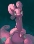  :o blue_background commentary creature delano-laramie dragon english_commentary gen_6_pokemon goodra green_eyes looking_at_viewer no_humans pokemon pokemon_(creature) signature simple_background solo standing upper_body 
