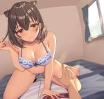  1boy 1girl barefoot blush bra breasts brown_hair day earrings frown indoors izumo_neru jewelry large_breasts looking_at_viewer lying medium_hair navel official_art on_back on_bed original pov red_eyes straddling underwear window 