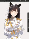  1girl aiguillette animal_ears arm_under_breasts atago_(azur_lane) azur_lane bangs black_hair blush breasts buttons closed_mouth extra_ears finger_to_mouth gloves hair_ribbon highres index_finger_raised jacket large_breasts long_hair long_sleeves looking_at_viewer military_jacket misekai_555 mole mole_under_eye ribbon simple_background smile solo swept_bangs white_background white_gloves white_jacket white_ribbon yellow_eyes 