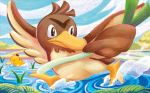  ^_^ bird bird_focus black_eyes blue_sky closed_eyes clouds cloudy_sky creature day farfetch&#039;d gen_1_pokemon holding_spring_onion looking_back no_humans official_art outdoors pokemon pokemon_(creature) pokemon_trading_card_game psyduck ripples shibuzoh sky walking water 