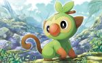  black_eyes blue_sky closed_mouth clouds cloudy_sky creature day full_body gen_8_pokemon grookey happy monkey no_humans official_art outdoors plant pokemon pokemon_(creature) pokemon_trading_card_game sky smile solo 