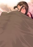  1girl bed blanket blush brown_hair earrings highres jewelry looking_away office_lady_(yomu_(sgt_epper)) original pout sidelocks solo tied_hair under_covers yomu_(sgt_epper) 