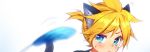  1boy animal_ears blonde_hair blue_eyes blush cat_day cat_ears cat_teaser commentary_request kagamine_len looking_at_object male_focus nyaumineko raised_eyebrow short_ponytail spiky_hair sweat vocaloid white_background 