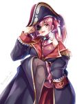  1girl breasts commentary_request crossed_legs eyepatch fang hair_between_eyes hat highres hololive houshou_marine looking_at_viewer military_jacket open_mouth pantyhose pirate_hat red_eyes redhead simple_background solo twitter_username virtual_youtuber white_background 