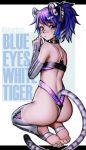 1girl absurdres animal_ears ass bare_shoulders blue_hair blush breasts commentary danielle_brindle from_behind gloves hair_ornament highres kneeling looking_at_viewer medium_breasts melody_(projektmelody) projektmelody purple_hair solo tail thigh-highs tiger_ears tiger_tail 