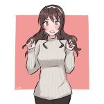  0komeshi 1girl alternate_costume ashigara_(kantai_collection) black_pants blush brown_eyes brown_hair casual commentary_request kantai_collection looking_at_viewer pants ribbed_sweater solo sweater translated white_headwear white_sweater 