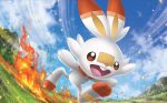  :d blue_sky brown_eyes clouds cloudy_sky day fire grass happy himeno_kagemaru motion_lines official_art open_mouth outdoors pokemon pokemon_trading_card_game rabbit running scorbunny sky smile 