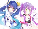  2girls amamiya_kokoro blue_hair commentary_request detached_sleeves green_eyes hair_ornament hairclip highres hololive looking_at_viewer multiple_girls nijisanji open_mouth purple_hair ren_kizaka_0403 simple_background tokoyami_towa twintails virtual_youtuber white_background yellow_eyes 