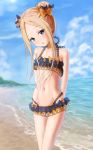  1girl abigail_williams_(fate/grand_order) arms_behind_back bangs bare_arms bare_shoulders beach bikini black_bikini black_bow blonde_hair blue_eyes blue_sky blush bow clouds collarbone commentary_request day double_bun emerald_float eyebrows_visible_through_hair fate/grand_order fate_(series) hair_bow head_tilt highres horizon long_hair looking_at_viewer navel ocean orange_bow outdoors parted_bangs parted_lips sakazakinchan sand sidelocks sky solo standing swimsuit water 