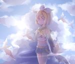  1girl backlighting bangs bare_shoulders belt bird black_collar blonde_hair blue_eyes bow clouds cloudy_sky collar commentary cowboy_shot crop_top day detached_sleeves dove grey_shorts grey_sleeves hair_bow hair_ornament hairclip hand_on_own_chest highres horrororange918 kagamine_rin light_smile looking_at_viewer midriff navel neckerchief outdoors sailor_collar school_uniform shirt short_hair short_shorts shorts sky solo standing sun swept_bangs vocaloid white_bow white_shirt yellow_neckwear 