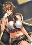  amakaze bare_shoulders blush breasts brown_eyes brown_hair gloves hair_between_eyes hairband headgear highres kantai_collection large_breasts looking_at_viewer midriff miniskirt mutsu_(kantai_collection) navel open_mouth radio_antenna short_hair sitting skirt solo white_gloves 