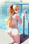  1girl armlet ass back bangs bare_shoulders blonde_hair blush competition_swimsuit day ereshkigal_(fate/grand_order) fate/grand_order fate_(series) from_behind happymonk highleg highleg_swimsuit highres kneeling long_hair looking_at_viewer looking_back one-piece_swimsuit outdoors parted_bangs ponytail pool_ladder poolside red_eyes solo swimsuit thighs wedgie 