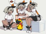  1girl bag crossed_legs dark_skin desk falinks gen_8_pokemon gratin_gratin grey_eyes grey_hair hairband highres pen pleated_skirt pokemon pokemon_(game) pokemon_swsh saitou_(pokemon) school_bag school_desk shirt sitting skirt sleeping smile white_shirt 