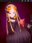  1girl abigail_williams_(fate/grand_order) bangs black_bow black_dress black_headwear blonde_hair bow breasts closed_mouth dress fate/grand_order fate_(series) forehead hair_bow hat highres long_hair long_sleeves looking_at_viewer misekai_555 multiple_bows orange_bow parted_bangs pink_eyes polka_dot polka_dot_bow purple_background ribbed_dress sleeves_past_fingers sleeves_past_wrists small_breasts smile solo stuffed_animal stuffed_toy teddy_bear 