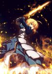  1girl absurdres ahoge armor armored_dress artoria_pendragon_(all) blonde_hair braid breasts commentary dress energy excalibur fate/stay_night fate_(series) gauntlets glowing glowing_sword glowing_weapon green_eyes hair_ribbon highres holding holding_sword holding_weapon light_particles long_hair long_sleeves open_mouth ribbon saber serious solo standing sword ugume weapon 