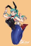  1girl animal_ears black_leotard blue_legwear bow bowtie breasts bulma bunny_girl bunny_tail bunnysuit clenched_hand commentary detached_collar dragon_ball dragon_ball_(classic) english_commentary fake_animal_ears green_eyes green_hair high_heels jumping large_breasts legs_together leotard long_hair long_legs looking_at_viewer na_young_lee orange_background rabbit_ears red_bow red_footwear revision shiny shiny_clothes smile solo strapless strapless_leotard tail wrist_cuffs 