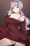  1girl bangs bare_shoulders blush breasts brown_background brown_sweater closed_mouth covered_nipples gradient gradient_background hairband idolmaster idolmaster_(classic) large_breasts long_hair looking_at_viewer low_ponytail off-shoulder_sweater off_shoulder ponytail shijou_takane sidelocks silver_hair sitting smile solo sweater tengu_(tetuo_kun) violet_eyes 