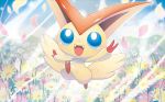  :d blue_eyes creature fangs flower full_body gen_5_pokemon grass happy light looking_at_viewer mizue no_humans official_art open_mouth pokemon_(creature) pokemon_trading_card_game smile solo upper_body victini 