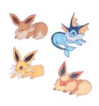  brown_eyes charamells closed_eyes commentary creature eevee english_commentary flareon full_body gen_1_pokemon jolteon looking_at_another lying no_humans on_stomach pokemon pokemon_(creature) simple_background vaporeon violet_eyes white_background 