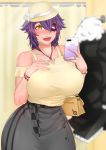  1girl alternate_costume blush breasts cellphone chanary changing_room cowboy_shot eyepatch grey_skirt hand_on_breast hat headgear holding holding_phone kantai_collection large_breasts open_mouth phone purple_hair shirt short_hair skirt smartphone solo tenryuu_(kantai_collection) yellow_eyes yellow_shirt 