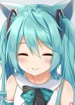  1girl =_= animal_ears aqua_hair bare_shoulders black_ribbon blush cat_day cat_ears cat_tail close-up closed_eyes detached_sleeves divergenceok hair_ornament hatsune_miku highres long_hair neck_ribbon plaid plaid_ribbon plaid_sleeves ribbon shoulder_tattoo smile tail tattoo twintails vocaloid 