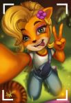  1girl blonde_hair buttons coco_bandicoot commentary crash_bandicoot english_commentary eyelashes flower furry grass green_eyes hair_flower hair_ornament long_hair looking_at_viewer lushiesart overalls plant ponytail self_shot shirt short_sleeves signature solo tied_hair tongue tongue_out v white_shirt 