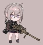  1girl :&lt; ahoge bangs beige_background bipod black_neckwear blush bolt_action brown_hoodie brown_jacket cheytac_m200 chibi collared_shirt gun headphones holding holding_weapon hood hoodie jacket looking_at_viewer low_ponytail m200_(girls_frontline) necktie purple_skirt ran_system rifle scope shirt shoes sidelocks silver_hair simple_background skirt sniper_rifle solo violet_eyes weapon white_shirt 